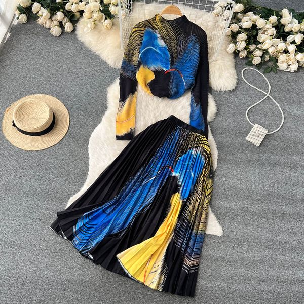 women vintage two piece dress long sleeve stretch printed high elastic waist pleated skirt set suit runway 2 piece set 2023 autumn, White
women vintage two piece dress long sleeve stretch printed high elastic waist pleated skirt set suit runway 2 piece set 2023 autumn, White