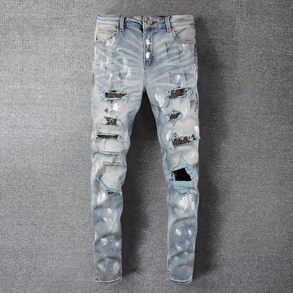 men's jeans rhinestones splashing ink patchwork male ripped hole design stretchy jean hip hop style trouser for men pantalon vaqueros h, Blue
men's jeans rhinestones splashing ink patchwork male ripped hole design stretchy jean hip hop style trouser for men pantalon vaqueros h, Blue