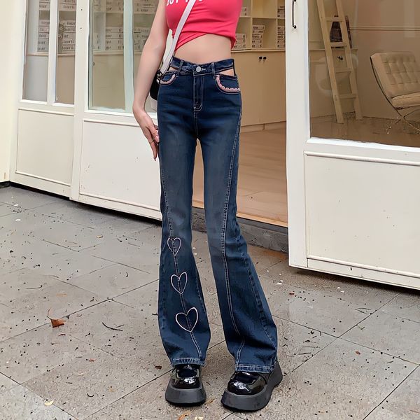 women s jeans doodle heart woman summer high waist vintage blue design sense flared pants streetwear y2k casual denim trousers 230309 
women s jeans doodle heart woman summer high waist vintage blue design sense flared pants streetwear y2k casual denim trousers 230309