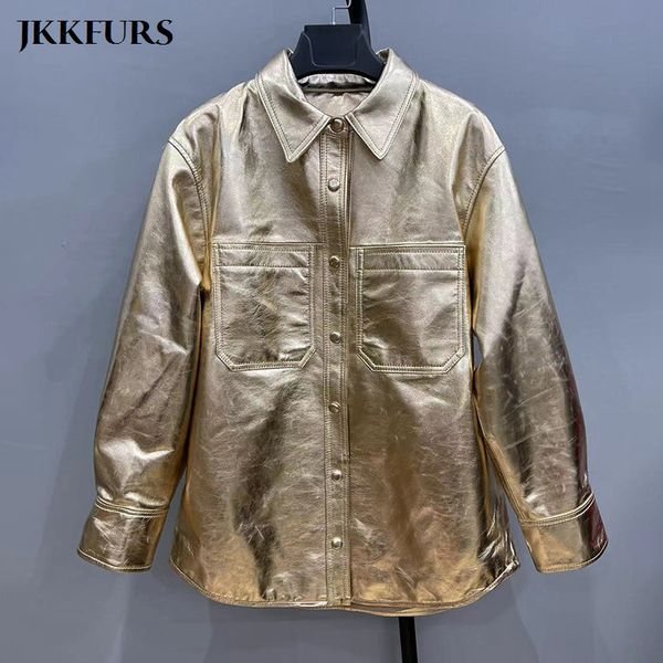 women's jacket genuine leather shirt gold silver style lady oversize long coats turn down collar s4416 230310, Black;brown
women's jacket genuine leather shirt gold silver style lady oversize long coats turn down collar s4416 230310, Black;brown