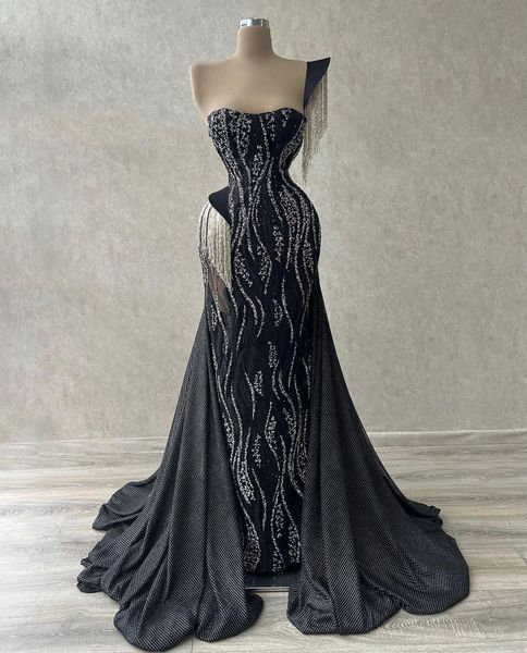 mermaid prom dresses sleeveless bateau neck one shoulder tassel appliques sequins floor length celebrity side slit evening dress bridal gown, Black
mermaid prom dresses sleeveless bateau neck one shoulder tassel appliques sequins floor length celebrity side slit evening dress bridal gown, Black
