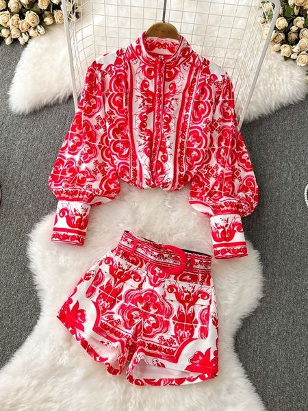 womens two piece pants banulin women autumn vintage 2 piece short set runway floral print lantern sleeve blouse shirts and pockets belt shor, White
womens two piece pants banulin women autumn vintage 2 piece short set runway floral print lantern sleeve blouse shirts and pockets belt shor, White