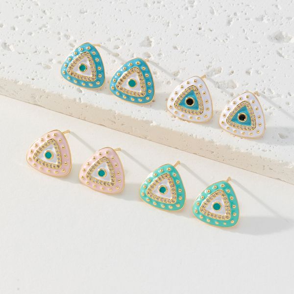 s3499 copper 18k gold plated enamel evil eye stud earrings zircon inlaid triangle blue eyes geometric earrings, Golden;silver
s3499 copper 18k gold plated enamel evil eye stud earrings zircon inlaid triangle blue eyes geometric earrings, Golden;silver