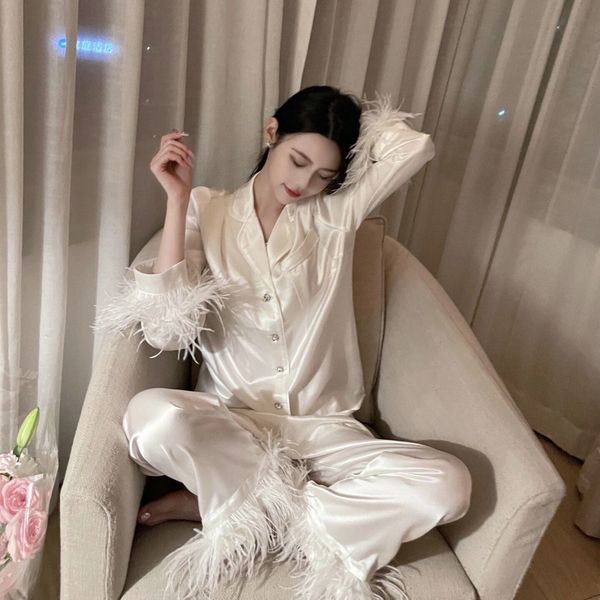 women's sleepwear spring autumn pajamas sets women 2 pcs feathers long sleeve turn down collar pant sleepwear casual night suits satin, Black;red
women's sleepwear spring autumn pajamas sets women 2 pcs feathers long sleeve turn down collar pant sleepwear casual night suits satin, Black;red