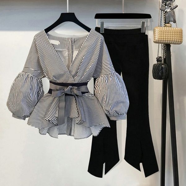 women's two piece pants spring 2 pcs suit's striped bow lantern sleeve blouse black split flare two piece set and pants 230310, White
women's two piece pants spring 2 pcs suit's striped bow lantern sleeve blouse black split flare two piece set and pants 230310, White