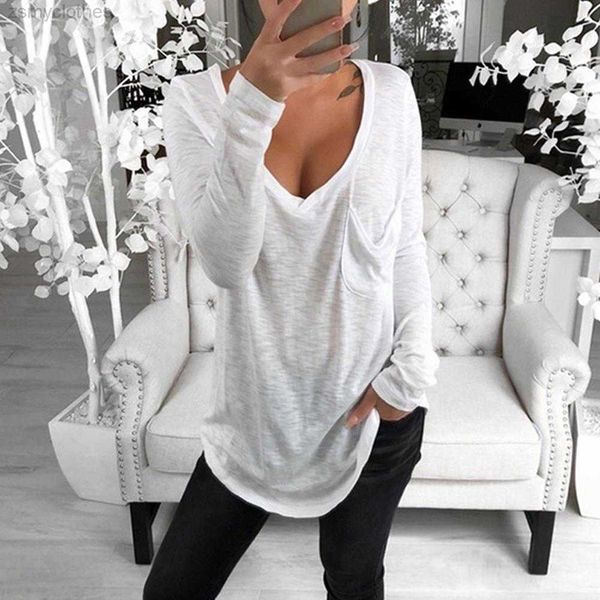 women's t-shirt ashion women t-shirts solid color cotton deep v neck long sleeve front pocket loose tunic t shirt for women female, White
women's t-shirt ashion women t-shirts solid color cotton deep v neck long sleeve front pocket loose tunic t shirt for women female, White