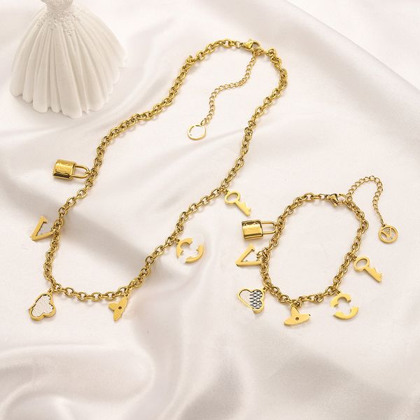popular high-end necklace bracelet set designer jewelry clover bracelet european brand lock pendant necklace 18 gold-plated love letter fami, Black
popular high-end necklace bracelet set designer jewelry clover bracelet european brand lock pendant necklace 18 gold-plated love letter fami, Black