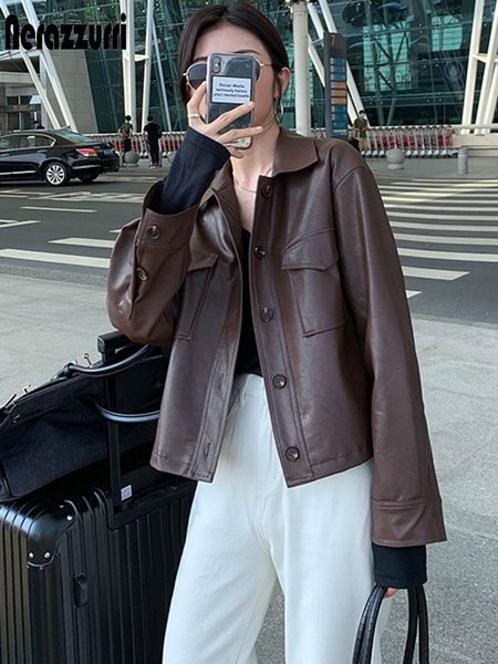women's jackets nerazzurri spring oversized short soft brown leather jacket women long sleeve korean fashion clothing for womens street, Black;brown
women's jackets nerazzurri spring oversized short soft brown leather jacket women long sleeve korean fashion clothing for womens street, Black;brown