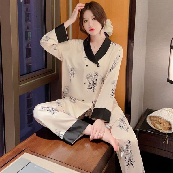 women's sleepwear 2 pieces set pajamas for women korean style floral satin silk sleep wear for sleeping long sleeve v neck soft home cl, Black;red
women's sleepwear 2 pieces set pajamas for women korean style floral satin silk sleep wear for sleeping long sleeve v neck soft home cl, Black;red