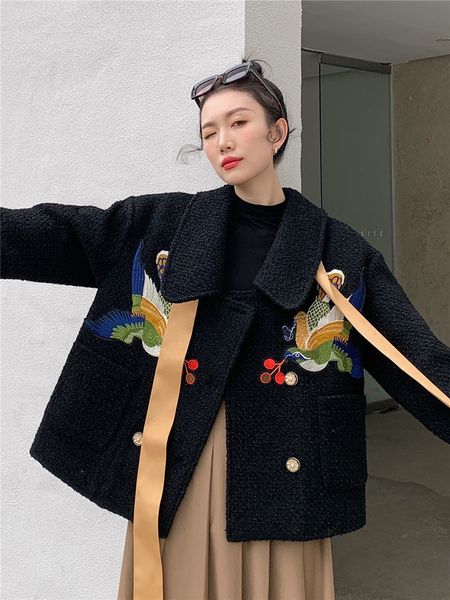women's jackets vintage fashion design black laceup woolen coat women elegant embroidery birds loose outerwear korean clothes 230310, Black;brown
women's jackets vintage fashion design black laceup woolen coat women elegant embroidery birds loose outerwear korean clothes 230310, Black;brown