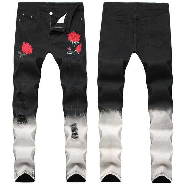men's jeans style black skinny rose embroidery hole men fashion design male denim pants straight slim biker ripped 230309, Blue
men's jeans style black skinny rose embroidery hole men fashion design male denim pants straight slim biker ripped 230309, Blue