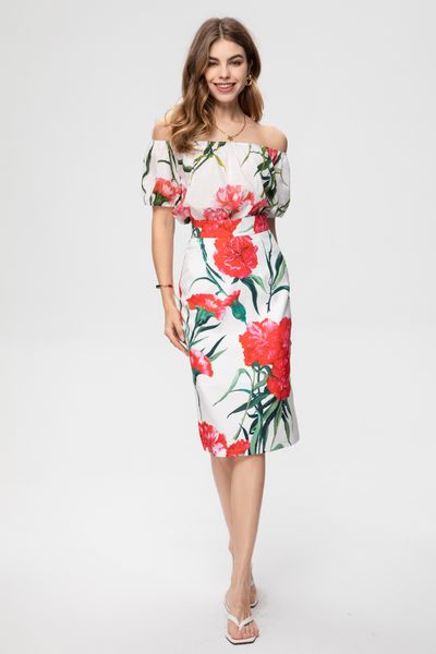 high-quality lady two piece dress flower pattern 100% cotton short sleeve t-shirt and hip skirt, White
high-quality lady two piece dress flower pattern 100% cotton short sleeve t-shirt and hip skirt, White
