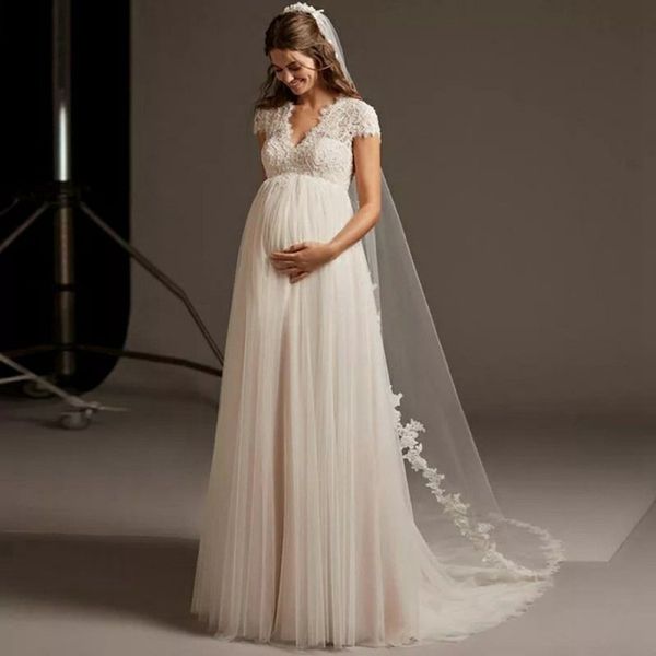 2023 new arrival lace pregnant women wedding dress short sleeves v neck backless a-line bridal dresses, White
2023 new arrival lace pregnant women wedding dress short sleeves v neck backless a-line bridal dresses, White