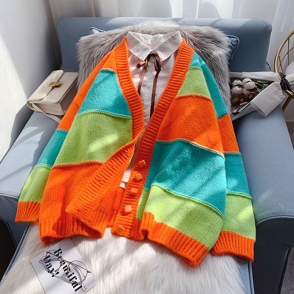 women's knits tees autumn hit color stripe knitted cardigan spring loose outer wear lazy splicing korean sweater coat cardigans trend 2, White
women's knits tees autumn hit color stripe knitted cardigan spring loose outer wear lazy splicing korean sweater coat cardigans trend 2, White