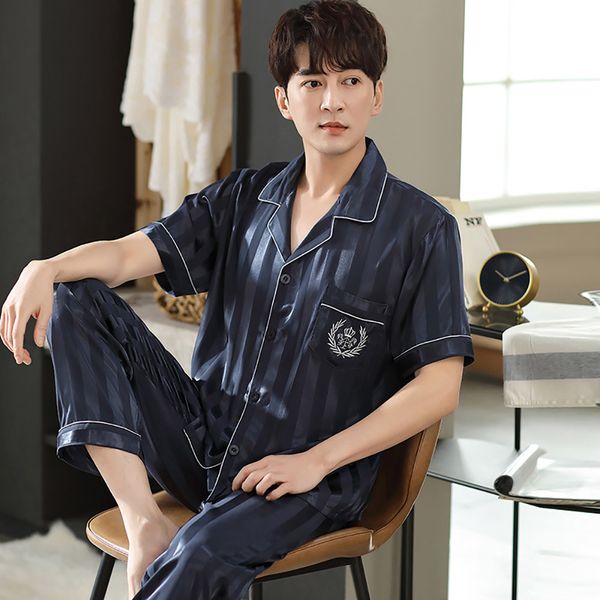men's sleepwear summer satin silk pajama sets skin-friendly men pajama fashion striped pajamas with embroidery pocket pyjama sets 23031, Black;brown
men's sleepwear summer satin silk pajama sets skin-friendly men pajama fashion striped pajamas with embroidery pocket pyjama sets 23031, Black;brown