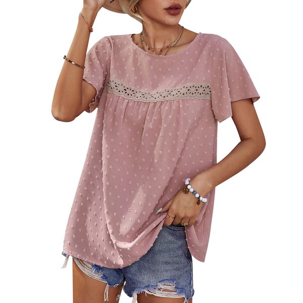 women shirts chiffon lace blouse summer casual round neck short sleeve pom pom shirts top, White
women shirts chiffon lace blouse summer casual round neck short sleeve pom pom shirts top, White