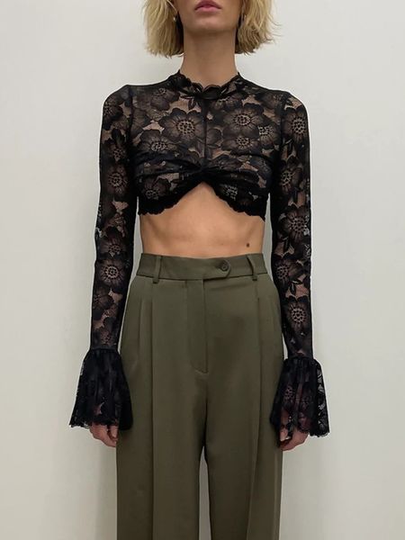 women's tshirt fantoye see through lace women tshirt black petal sleeve ruched short female autumn slim casual elegant streetwear 23031, White
women's tshirt fantoye see through lace women tshirt black petal sleeve ruched short female autumn slim casual elegant streetwear 23031, White