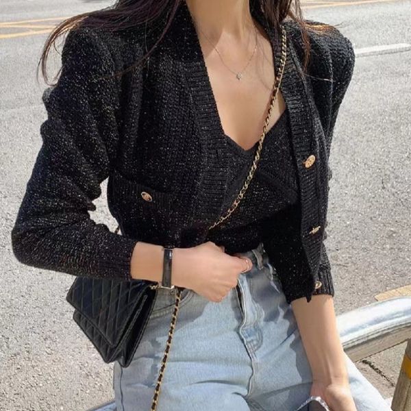 women s knits tees 2023 fall camisole cropped v neck black cardigan twist knitted coat korean chic two piece sets retro winter clothes 23031, White
women s knits tees 2023 fall camisole cropped v neck black cardigan twist knitted coat korean chic two piece sets retro winter clothes 23031, White