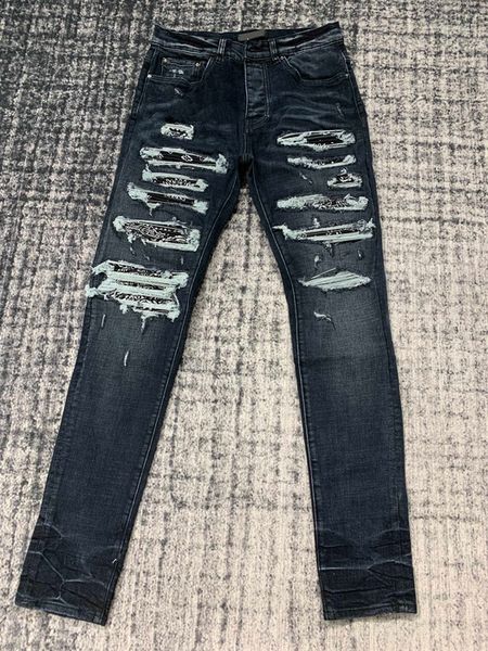 men s jeans dark blue cashew flower patchwork broken hole patch washed buttons man 230311
men s jeans dark blue cashew flower patchwork broken hole patch washed buttons man 230311