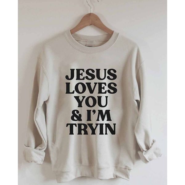 women's tshirt jesus loves you i' tryin print retro vintage cotton long sleeves sweatshirt 230311, White
women's tshirt jesus loves you i' tryin print retro vintage cotton long sleeves sweatshirt 230311, White