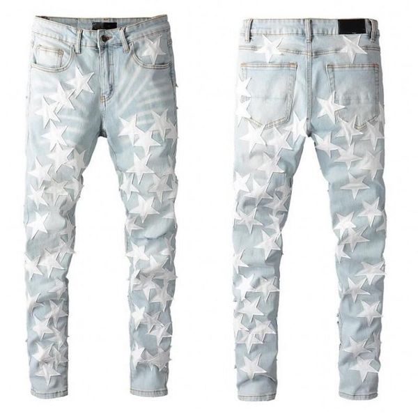 men distressed ripped biker jeans slim fit motorcycle denim for fashion hip hop mens amiri jean good quality itt, Blue