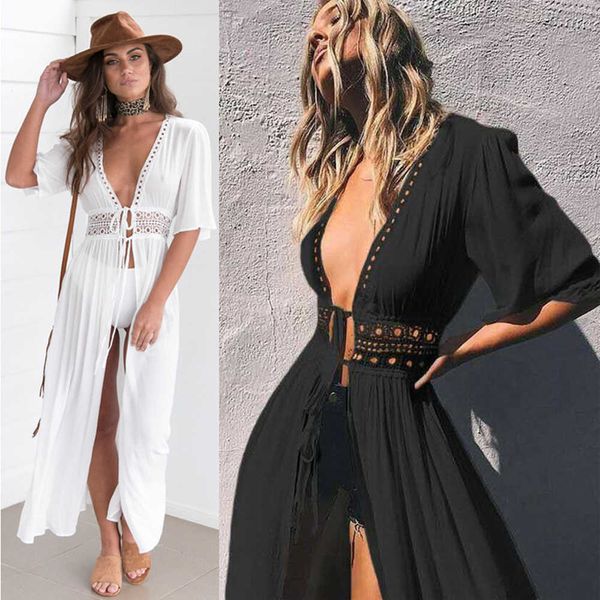 women's swimwear summer dress 2023 lady lace boho beach swimsuit bikini cover up lace-up long blouse hollow out sun protection cardigan, White;black
women's swimwear summer dress 2023 lady lace boho beach swimsuit bikini cover up lace-up long blouse hollow out sun protection cardigan, White;black