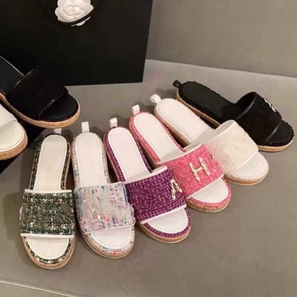 2023 fashion retro tweed house designer slippers slide shoes youth women's woven grass slip on flats sandal slides outdoor casual sport, Black