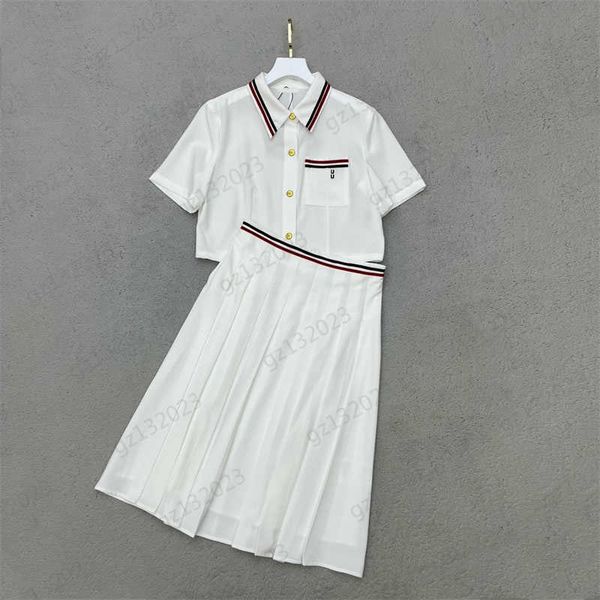 womens two piece dress fashion logo embroidery decoration pocket short sleeve shirt stitching striped elastic webbing mid-length pleated ski, White
womens two piece dress fashion logo embroidery decoration pocket short sleeve shirt stitching striped elastic webbing mid-length pleated ski, White