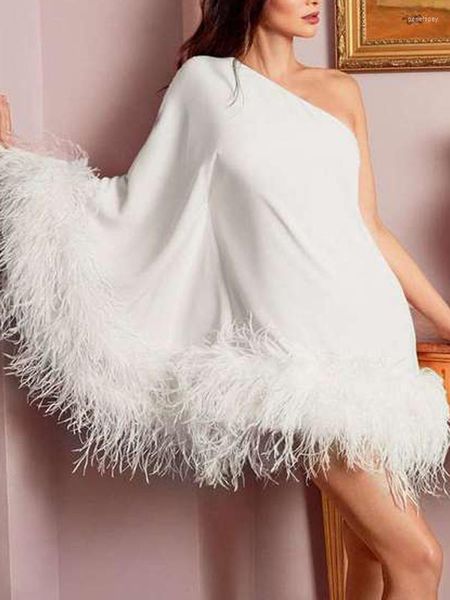 casual dresses 2023 women diagonal collar feather dress spring one shoulder backless long party autumn solid hollow irregular, Black;gray