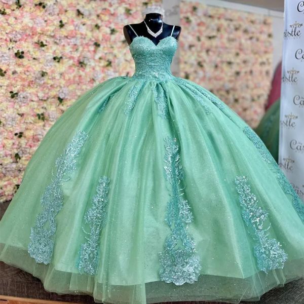 2023 light green quinceanera dresses lace applique spaghetti straps sparkly sequins corset back sweet 16 party prom ball evening vestidos, Blue;red
2023 light green quinceanera dresses lace applique spaghetti straps sparkly sequins corset back sweet 16 party prom ball evening vestidos, Blue;red