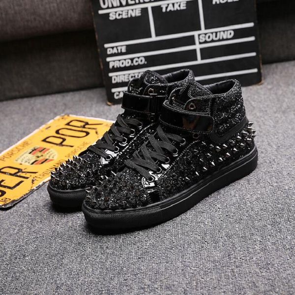new designer men's rivets shoes high casual flats shoes skateboard thick bottom sneakers sapato social masculino d2a43, Black
new designer men's rivets shoes high casual flats shoes skateboard thick bottom sneakers sapato social masculino d2a43, Black