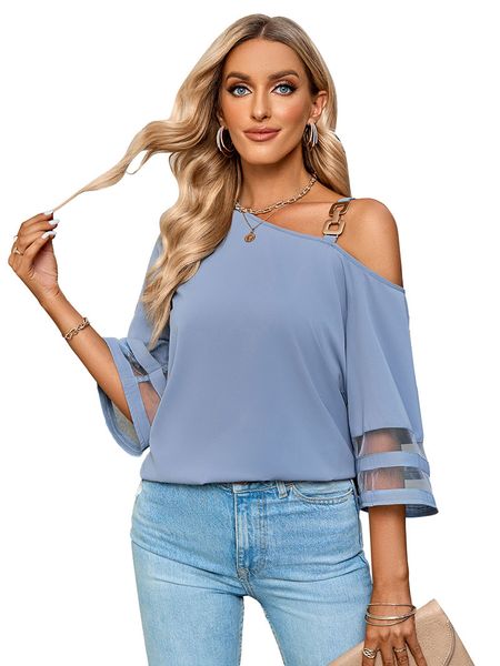 metal bucket one-shoulder pullover women's blouse casual loose solid color fashion new women's striped sheer cuff flare half slee, White
metal bucket one-shoulder pullover women's blouse casual loose solid color fashion new women's striped sheer cuff flare half slee, White
