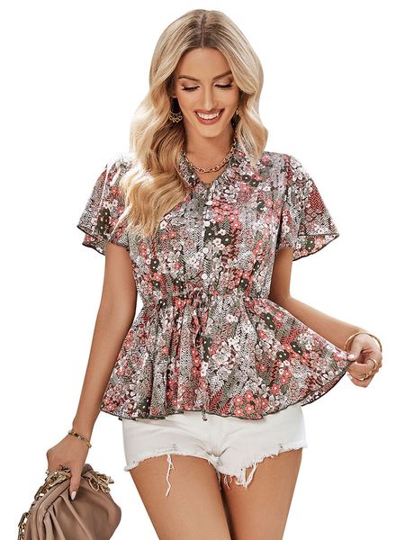 v-neck pullover fashion women's blouse loose floral print ruched adjustable high waist flare short sleeves half single breasted button, White
v-neck pullover fashion women's blouse loose floral print ruched adjustable high waist flare short sleeves half single breasted button, White