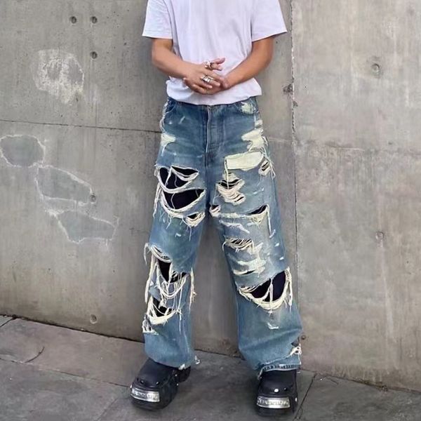 men s jeans vibe style destroyed pants fashion hi street ripped oversize hip hop denim trousers loose fit distressed bottoms 230311, Blue 
men s jeans vibe style destroyed pants fashion hi street ripped oversize hip hop denim trousers loose fit distressed bottoms 230311, Blue