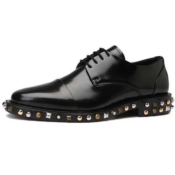 fashion men formal derby shoes handmade full grain leather gentlemen metal rivets office shoe, Black