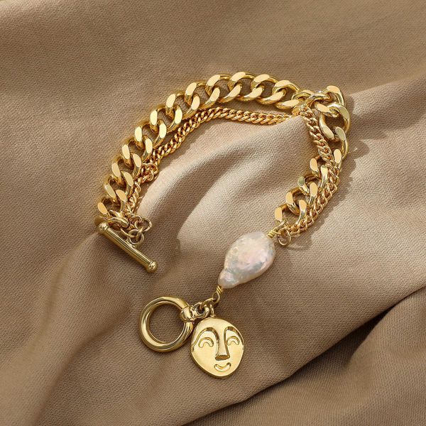 multi layer cuban chain 14k real gold plated face pendant women's jewelry gift baroque pearl bracelet, Black
multi layer cuban chain 14k real gold plated face pendant women's jewelry gift baroque pearl bracelet, Black