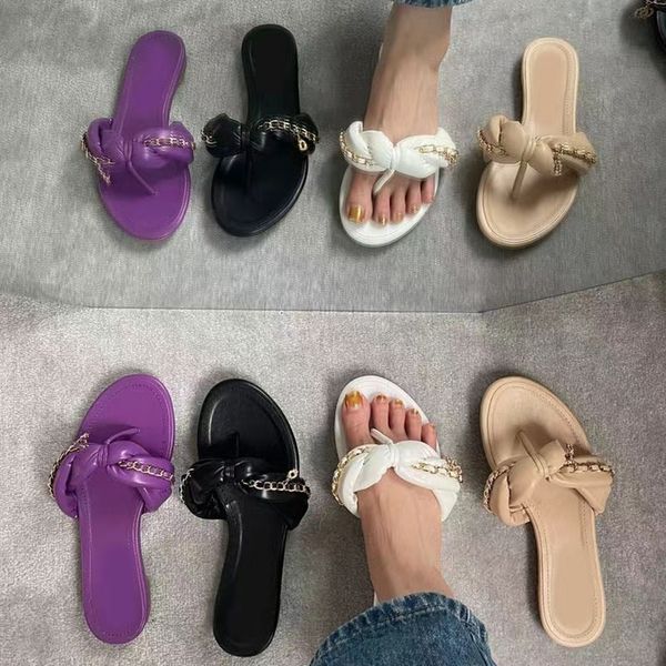 

new designer cnel womens slippers shoes 22ss lambskin chain embellished interlocking slide sandals black beige white dark purple luxury wome