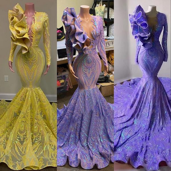2023 sparkling sequins mermaid prom dress lilac lavender yellow v neck ruffles party gowns long sleeves shiny lace evening dresses robe de s, Black
2023 sparkling sequins mermaid prom dress lilac lavender yellow v neck ruffles party gowns long sleeves shiny lace evening dresses robe de s, Black