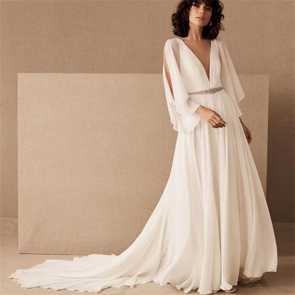 french wedding dresses vintage light yarn new bridal deep v-neck slim and simple drop chiffon qw33, White
french wedding dresses vintage light yarn new bridal deep v-neck slim and simple drop chiffon qw33, White
