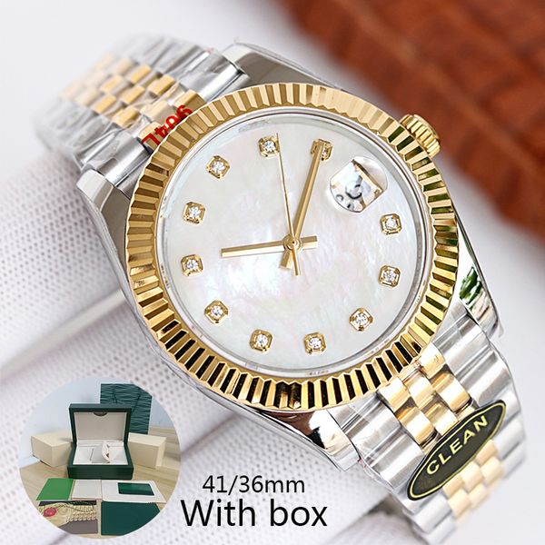 

Gold Mens watch with diamond white sapphire dial Watches 904L gold stainless steel strap watch for men 41mm automatic machine 36mm ladies watch date Wristwatches