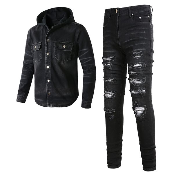 2023 tracksuits punk street men's black 2pcs jeans sets spring hooded denim jacket and ripped patch stretch pants vintage men clothing, Gray
2023 tracksuits punk street men's black 2pcs jeans sets spring hooded denim jacket and ripped patch stretch pants vintage men clothing, Gray