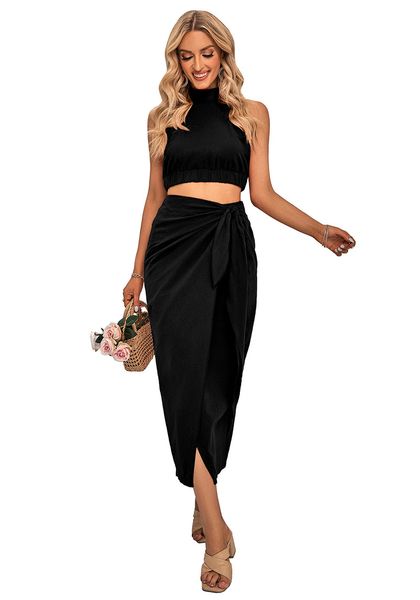 spring summer long women's two piece dress button high collar halter sleeveless pullover bodycon solid short elastic waist ribbon bow, White
spring summer long women's two piece dress button high collar halter sleeveless pullover bodycon solid short elastic waist ribbon bow, White