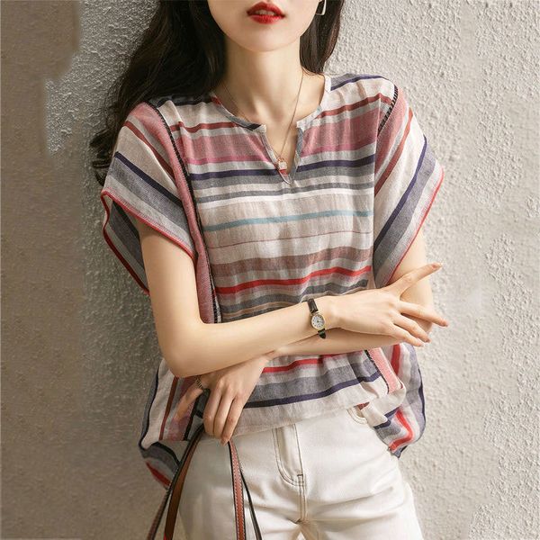 women's t-shirt summer style women short sleeve loose v-neck tee shirt femme all-matched casual cotton linen striped t-shirt v428 2303, White
women's t-shirt summer style women short sleeve loose v-neck tee shirt femme all-matched casual cotton linen striped t-shirt v428 2303, White