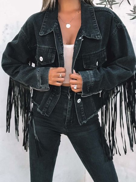 women denim coats jackets black color back fringe trim long sleeve drop shoulder, Black;brown
women denim coats jackets black color back fringe trim long sleeve drop shoulder, Black;brown
