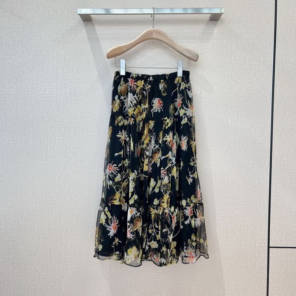 a line skirt floral printed silk skirt, Black