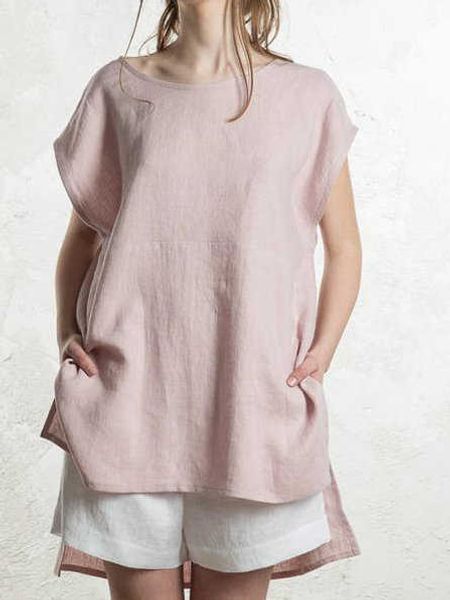 2023 women's cotton linen short front and long back bat short sleeve t-shirt, White
2023 women's cotton linen short front and long back bat short sleeve t-shirt, White