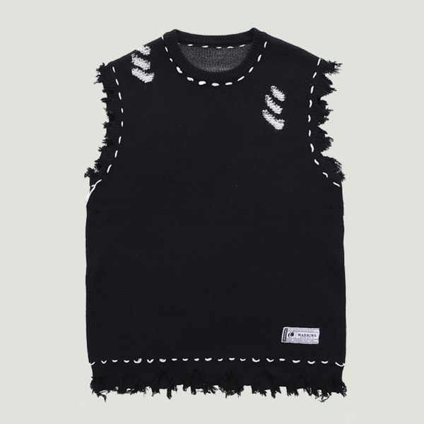 men s vests distressed knitted sweater vest streetwear vintage harajuku hole fringed sleeveless oversized casual pullover 230313, Black;white
men s vests distressed knitted sweater vest streetwear vintage harajuku hole fringed sleeveless oversized casual pullover 230313, Black;white