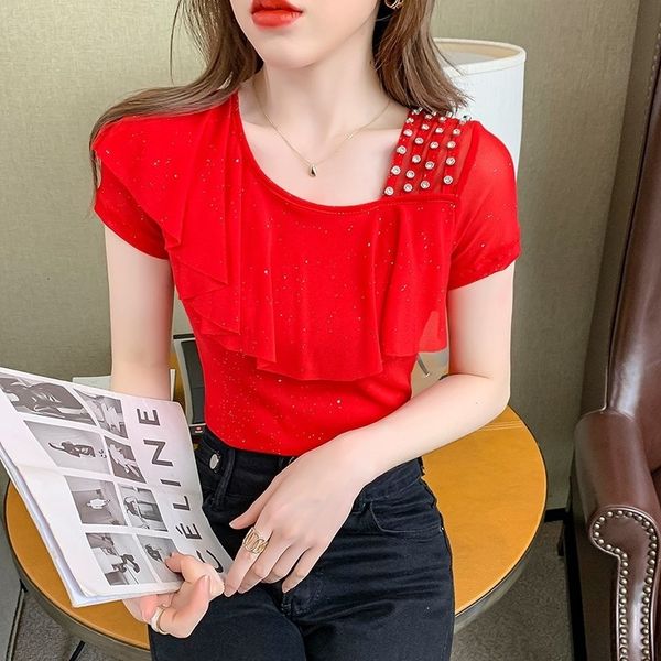 women's t-shirt #6754 black blue red mesh t shirt women skew collar ruffles diamonds slim short sleeve t shirt female thin summer 23031, White
women's t-shirt #6754 black blue red mesh t shirt women skew collar ruffles diamonds slim short sleeve t shirt female thin summer 23031, White