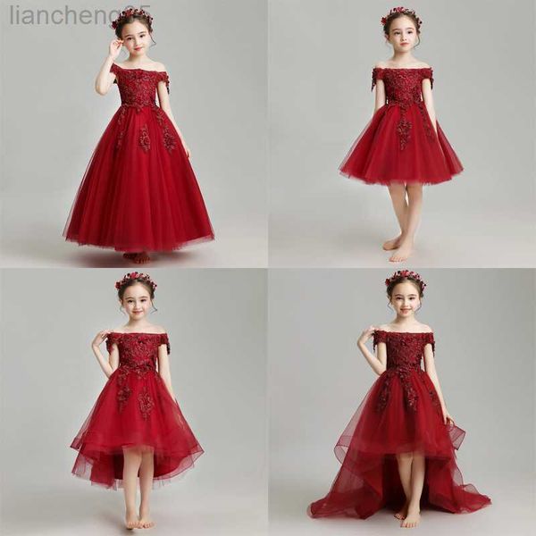 girl's dresses off shoulder embroidery flower wedding girl dress princess party events ball gowns kids girl dress first communion cloth, Red;yellow