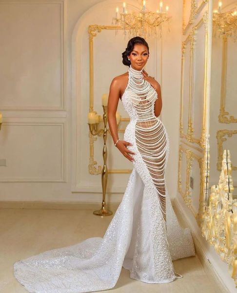 luxury mermaid wedding dresses sleeveless high neck pearls halter appliques sparkly sequins beaded floor length lace hollow bridal gowns cus, White
luxury mermaid wedding dresses sleeveless high neck pearls halter appliques sparkly sequins beaded floor length lace hollow bridal gowns cus, White